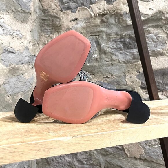 Amina Muaddi Zula Black Satin Clear Rhinestone Thong Heeled Sandals - Picture 8 of 11